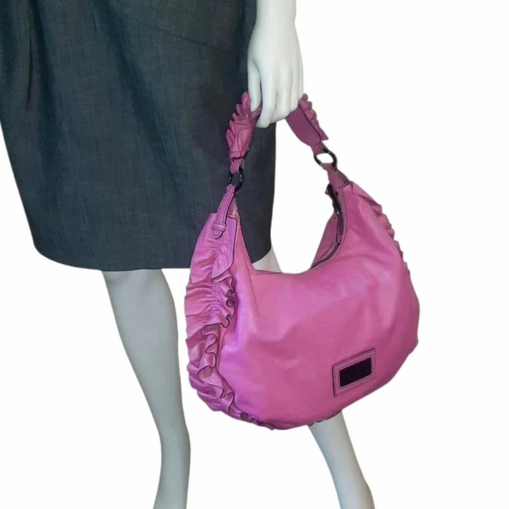 🎀 VALENTINO GARAVANI Ruffle Trimmed Nappa Leather Hobo Shoulder Bag- Hot Pink